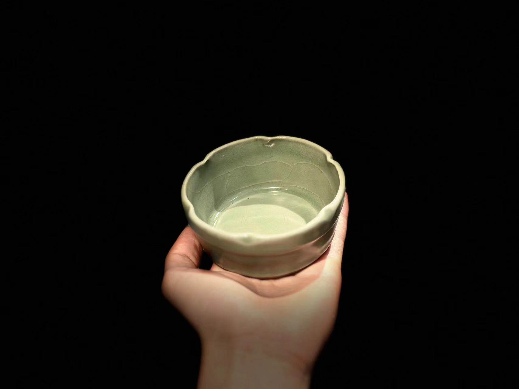 明清时期老瓷器文房笔洗 龙泉窑青瓷梅花口竹节型 工夫茶道壶承托