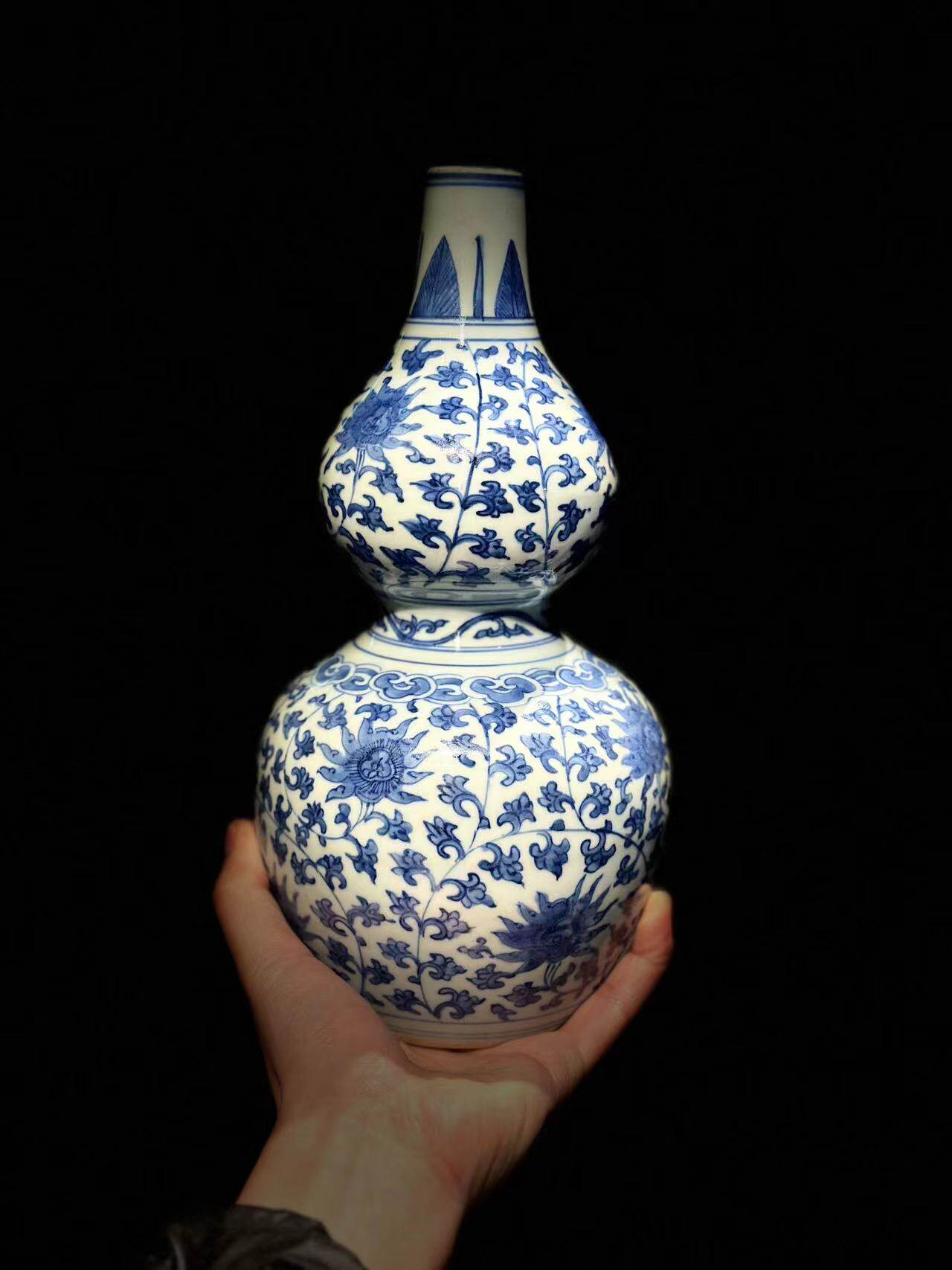 清代早期青花瓷手绘如意缠枝莲葫芦瓶福禄大明万历年制款花道赏瓶
