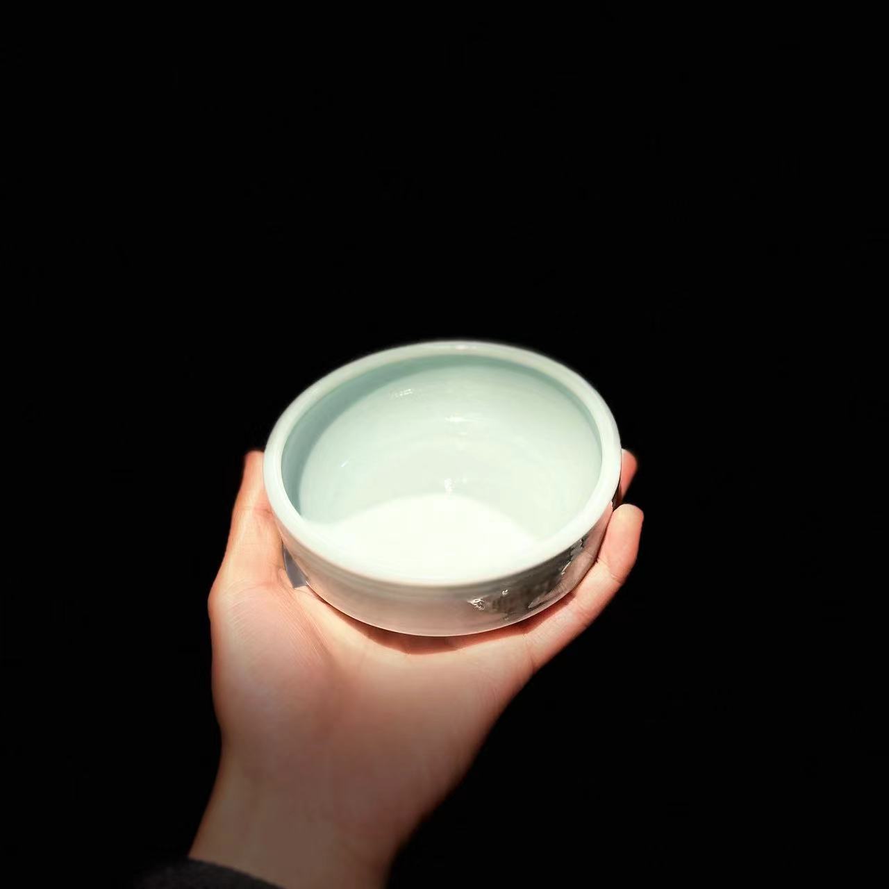 80年代仿宋龙泉青瓷 暗刻花高沿洗汝窑天青色 工夫茶道器小壶承托