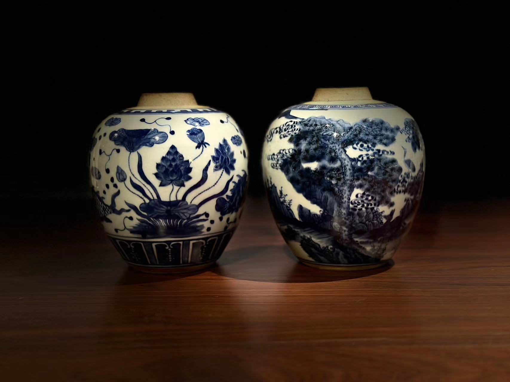 古器物清中期青花瓷茶叶罐 中式茶空间摆饰 刻绘鲤鱼荷花瓶插花入