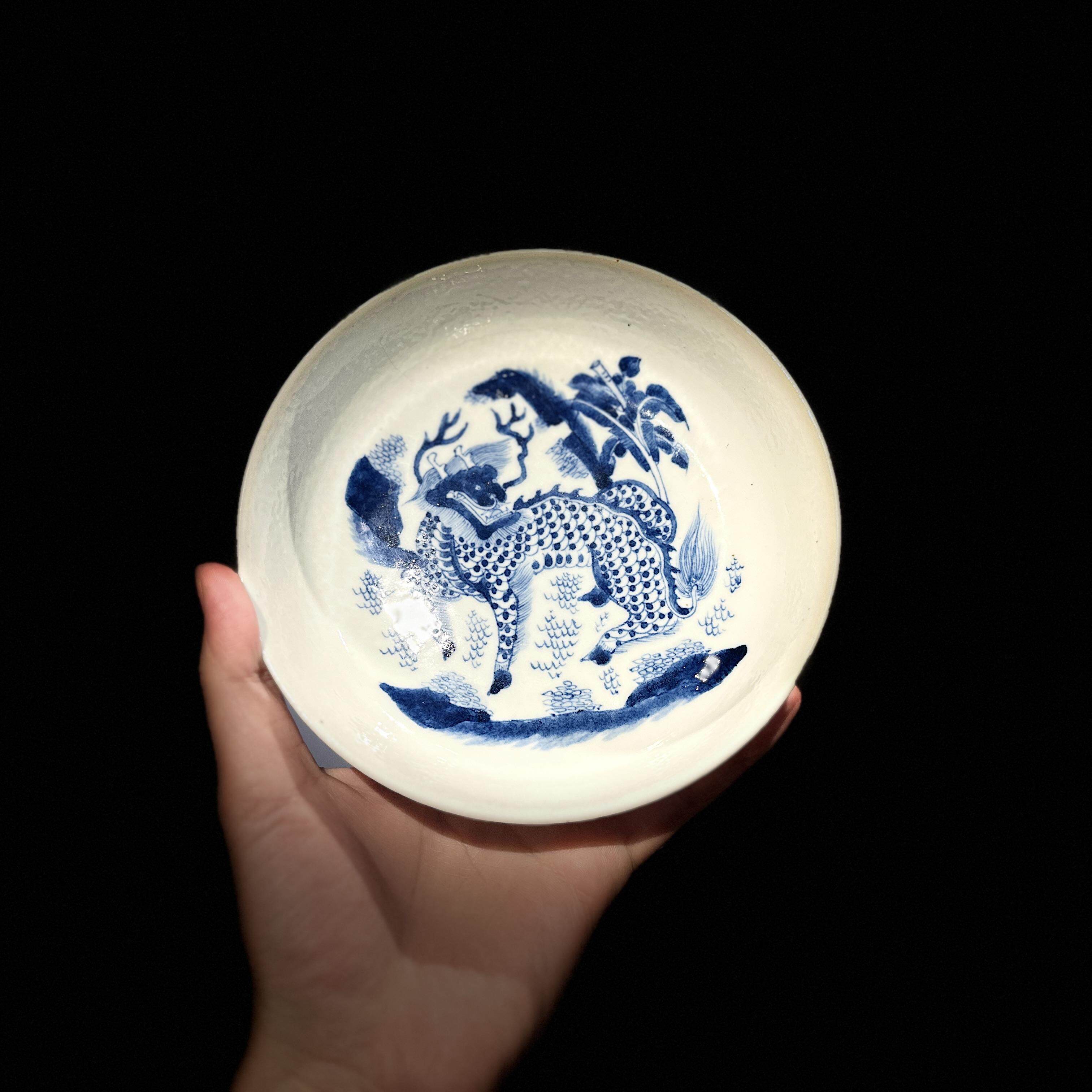 古器物清晚期玉璧底青花瓷赏盘 手绘花麒麟图 工夫泡茶道壶承杯盘