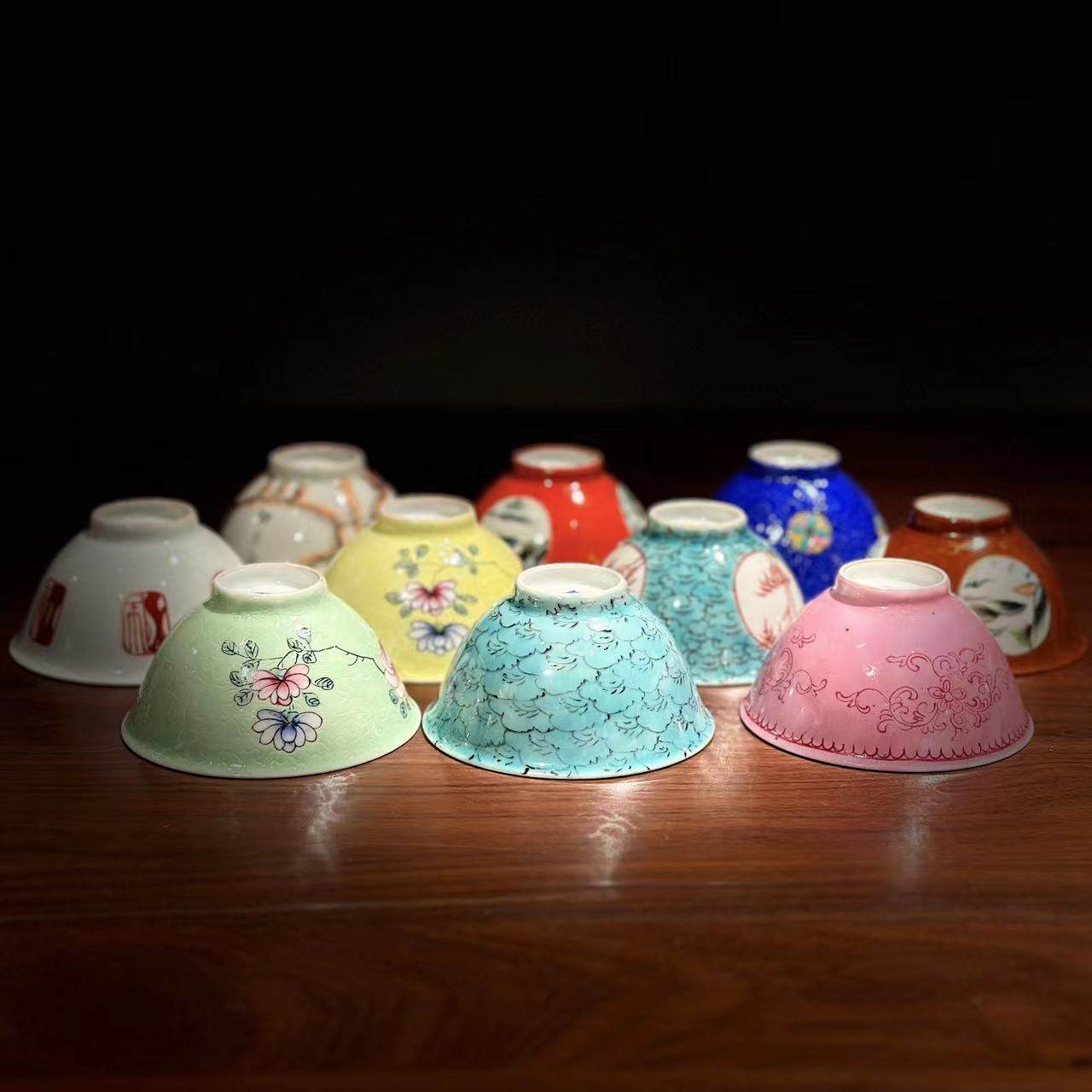清代中晚期粉彩十色茶盏 什锦杯碗精品手绘花卉图 大清乾隆年制款