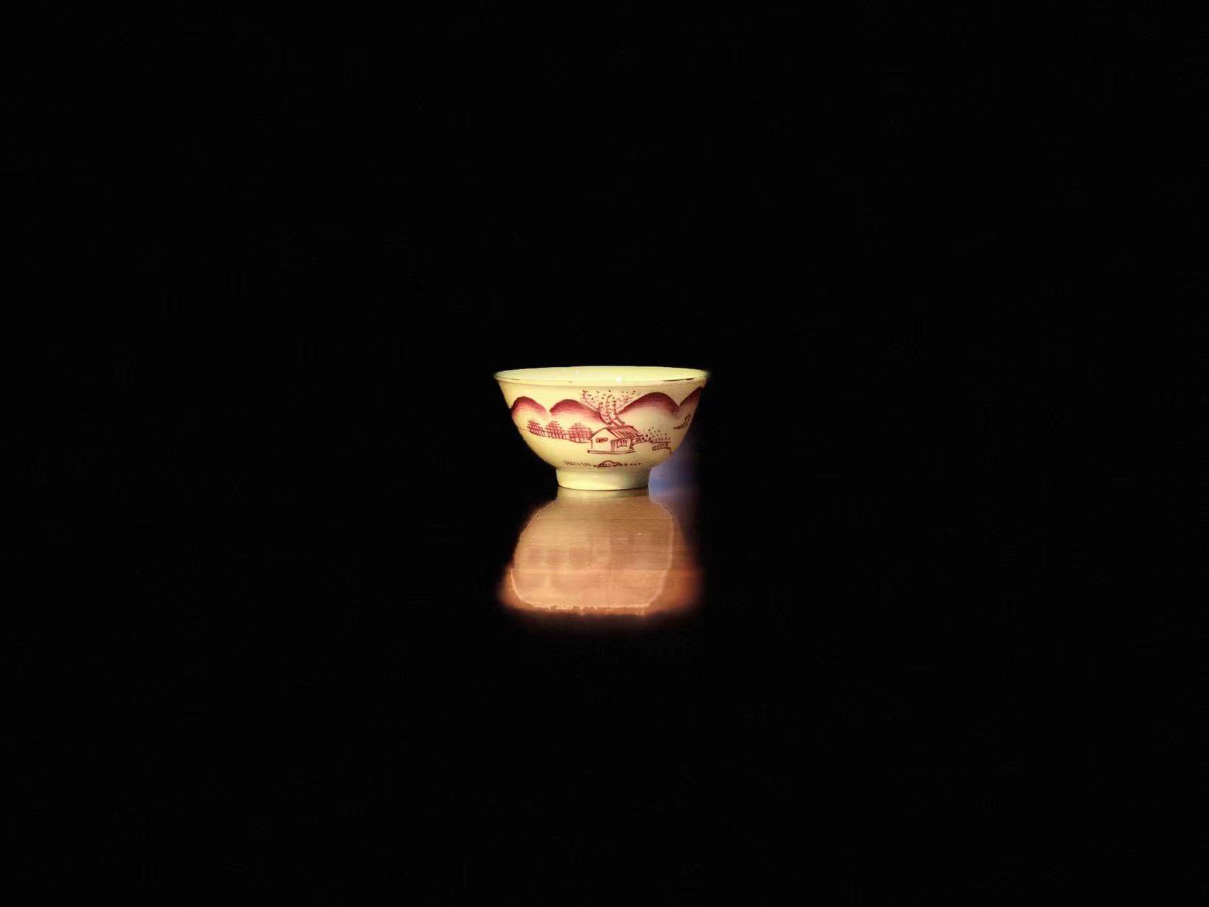 经典主人杯手绘胭脂红山水薄胎