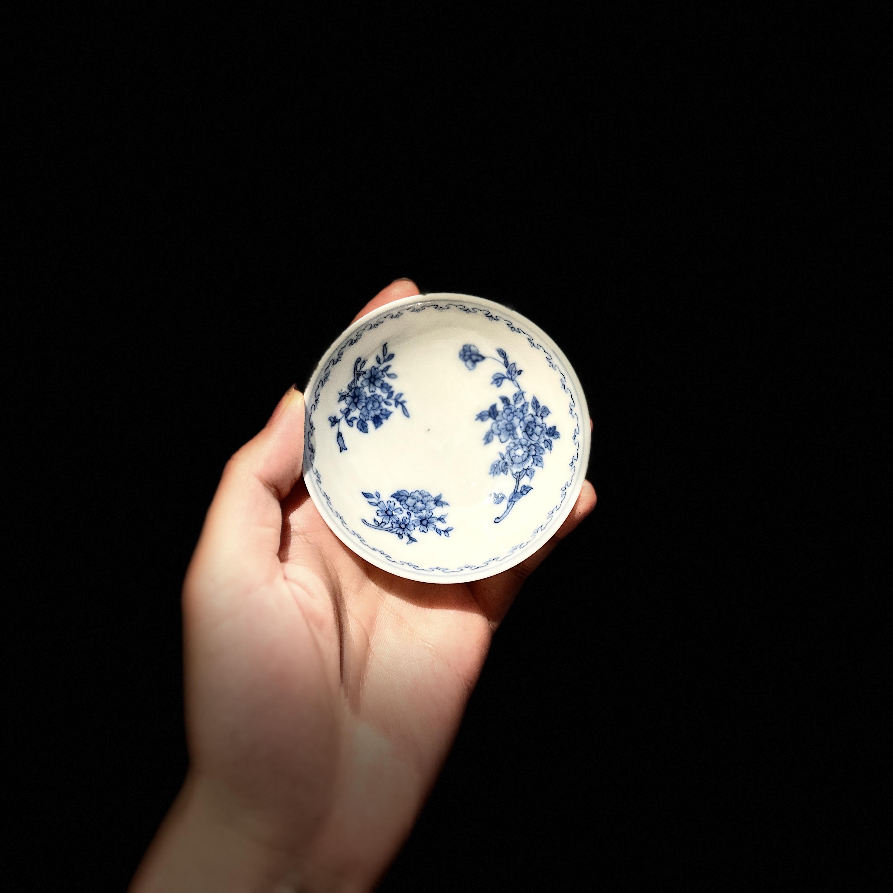 古器物清末青花瓷小碟 精品手绘花卉图洗 大清光绪年制宣统款杯托