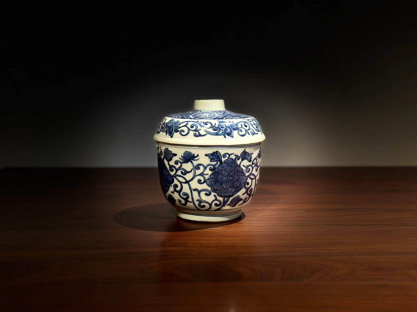 古器物清三代青花瓷囤茶茶叶罐 中式茶空间摆饰 刻花卉文字老糖罐