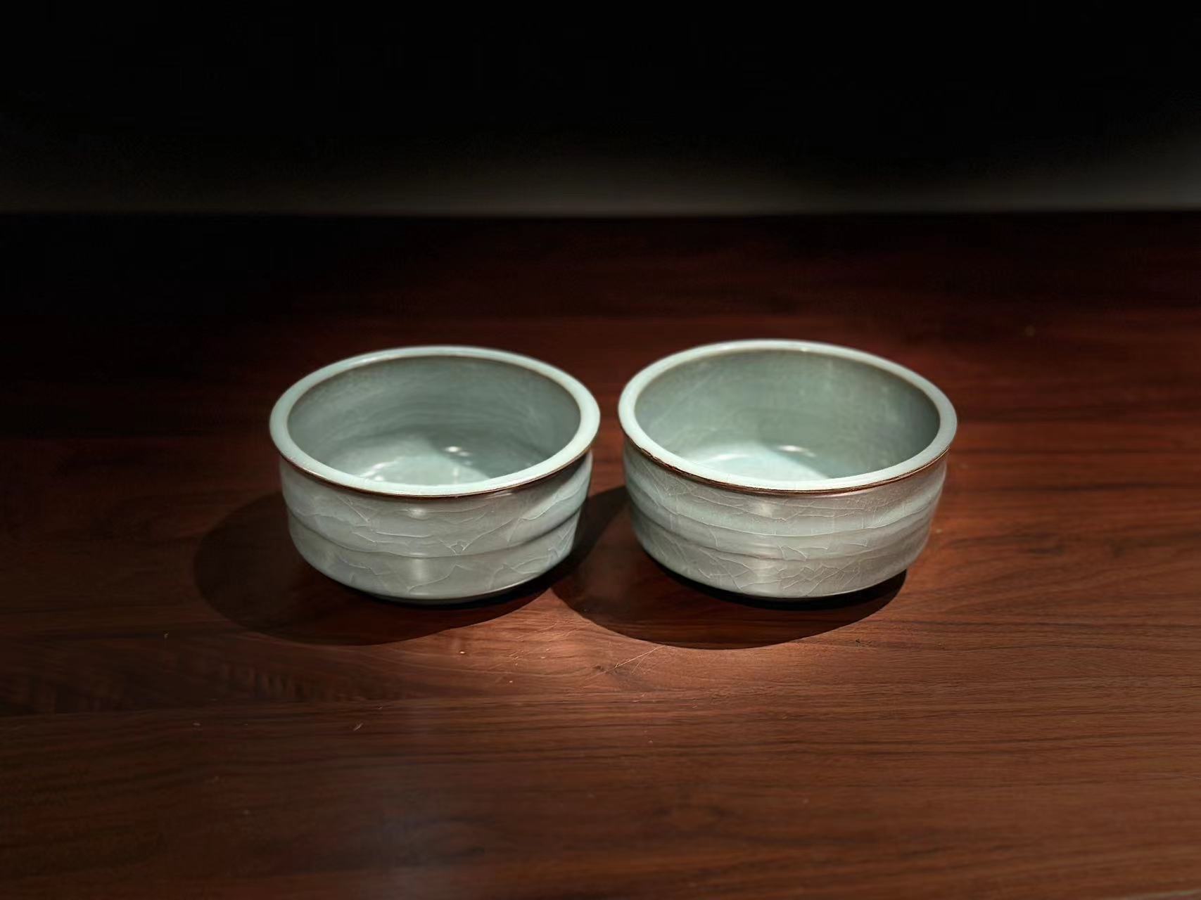 70年代仿宋龙泉青瓷文房笔洗 龙泉窑竹节高沿盆 工夫茶道器壶承托