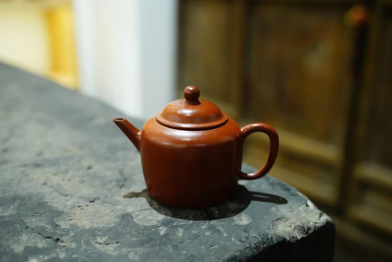 90年代台訂紫砂原矿好料大红袍泥 纯手工古笠帽壶 孟臣诗句款小品