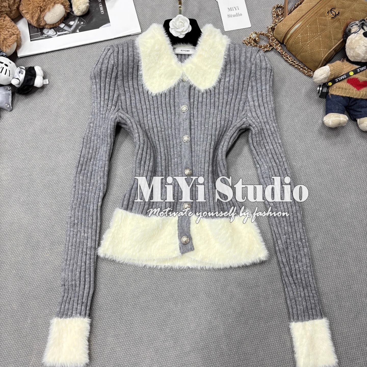 MiYiStudio实拍秋冬OOTD韩国东大门毛毛拼接翻领针织毛衣开衫显瘦