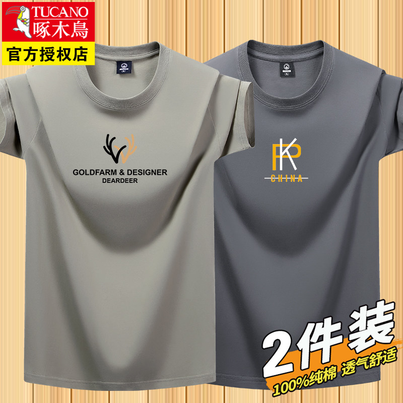 啄木鸟2件短袖T恤男夏季新款青年薄款透气半袖纯棉体恤大码体恤衫
