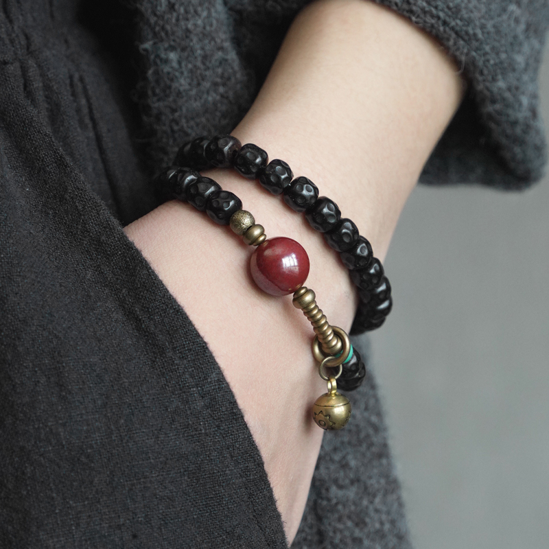 非鱼之家民族风手工雕刻黑色椰蒂手链女双圈文艺手串复古文玩饰品