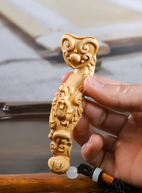 黄杨木中式金蟾如意盘玩摆件