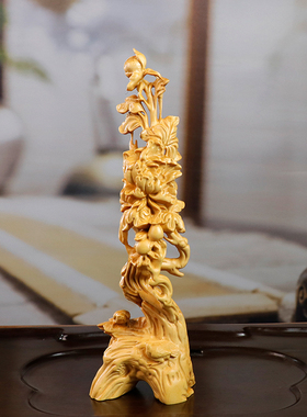 黄杨木雕牡丹花王国色天香花开富贵植物花鸟客厅玄关家居装饰摆件