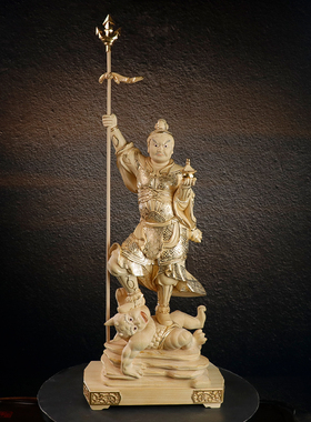 木雕唐风手工清刀毘沙门天摆件