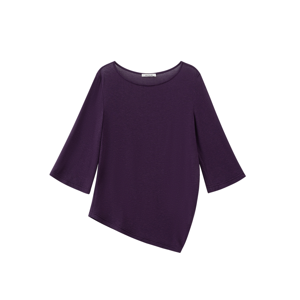 overthsea 乌梅紫一字领亚麻莱赛尔七分袖T恤