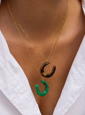 静俏复古风18K不锈钢马蹄U形虎眼石孔雀石吊坠项链配饰女跨境饰品