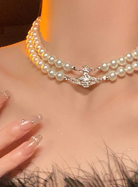 星球土星双层珍珠项链女choker轻奢高级感配饰多层小众锁骨颈链