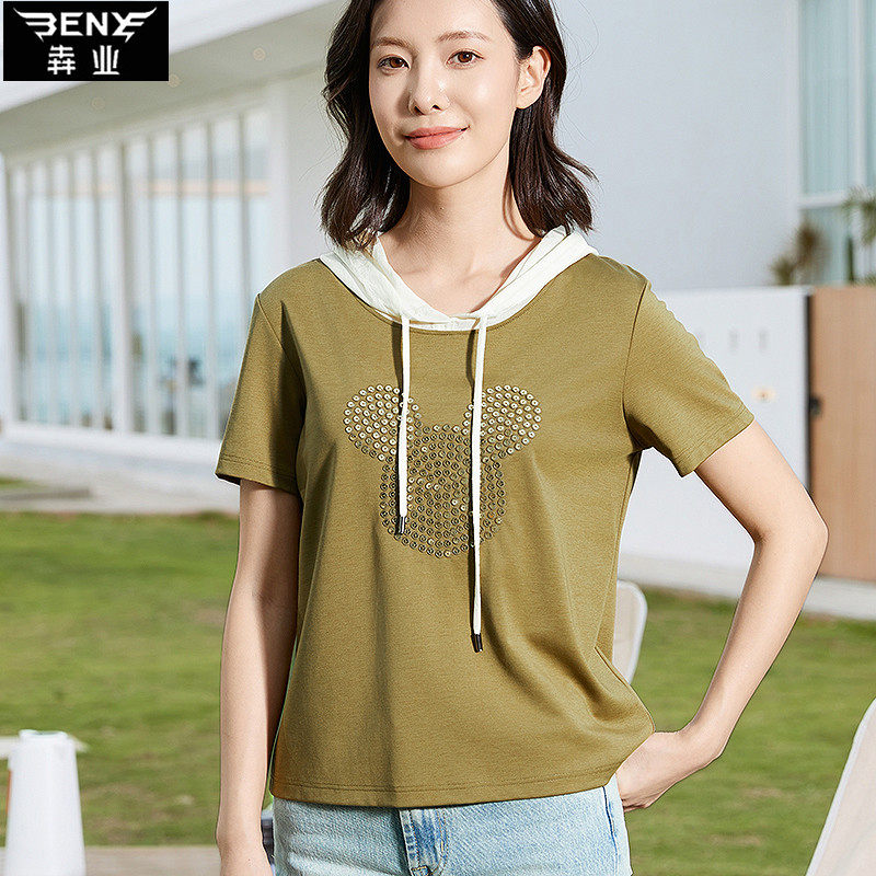 夏季重工连帽短袖宽松休闲女