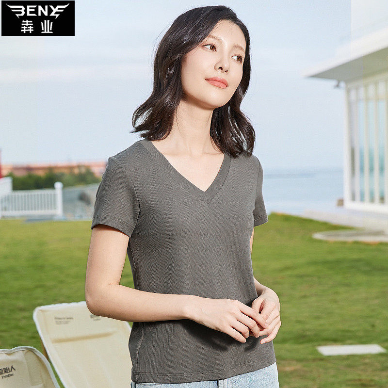 犇业春夏季新款短袖女V领纯色螺纹显瘦T恤打底衣上衣9695,女装/女士精品,T恤,淘宝优惠券,粉丝福利购,淘宝优惠卷