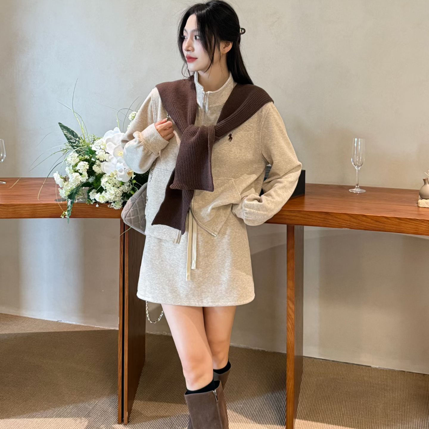 victory2韩版时尚套装女秋冬新款上衣外套+披肩+半身裙小众三件套