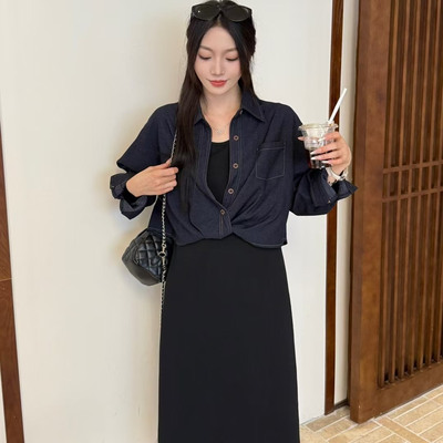 韩版时尚套装牛仔罩衫连衣裙两件