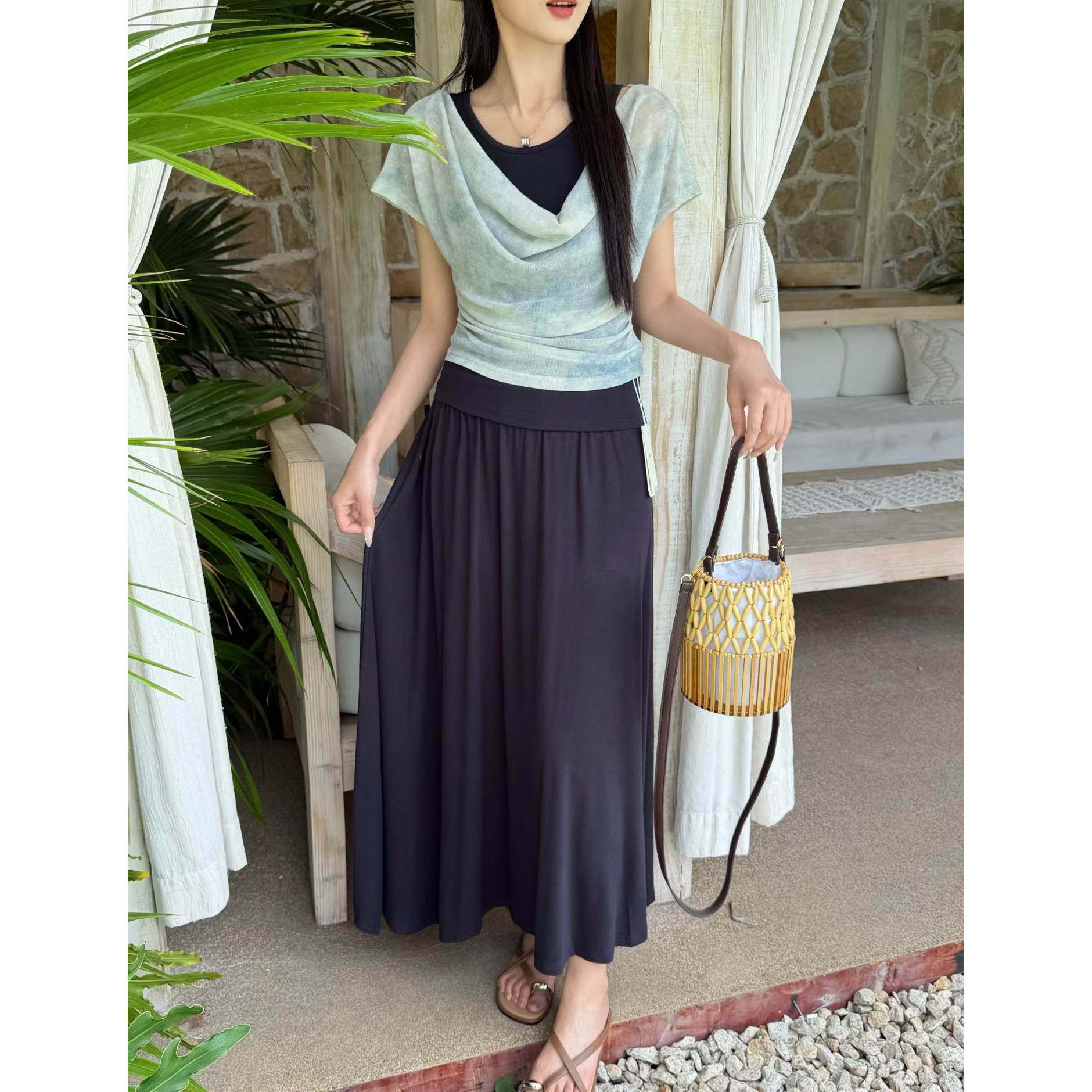 victory2韩版时尚套装夏季新款渐变罩衫+背心+半身裙小众三件套女