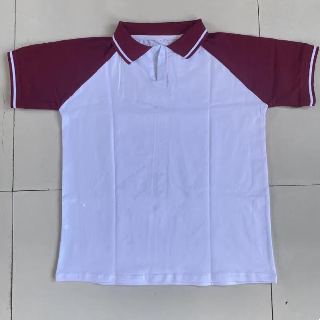定做夏季纯棉白色拼接酒红色短袖校服上衣初高中小学生园服