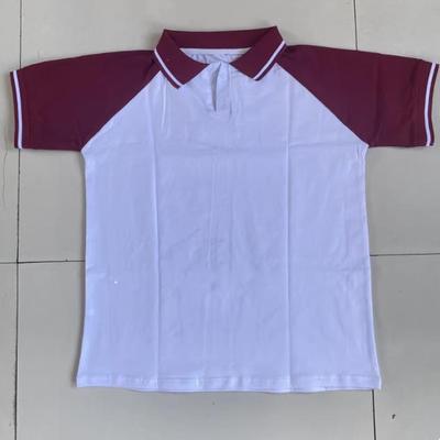 定做夏季纯棉白色拼接酒红色短袖校服上衣初高中小学生园服