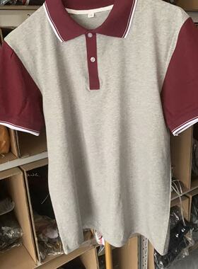 中小学生夏季浅灰色纯棉短袖T恤酒红袖polo衫校服半袖上衣