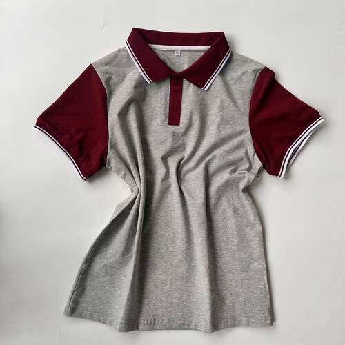 中小学生校服浅灰色酒红短袖上衣