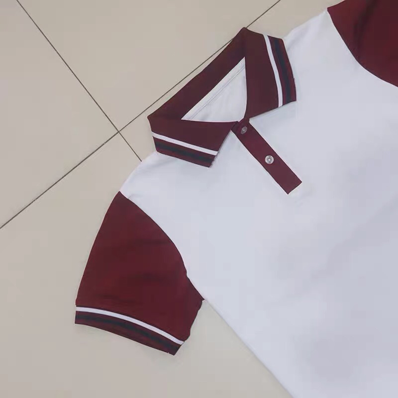 夏季中小学生校服纯棉白色短袖T恤衫POLO衫酒红袖领拼一白杠上衣
