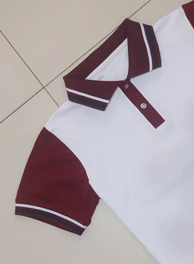 夏季中小学生校服纯棉白色短袖T恤衫POLO衫酒红袖领拼一白杠上衣