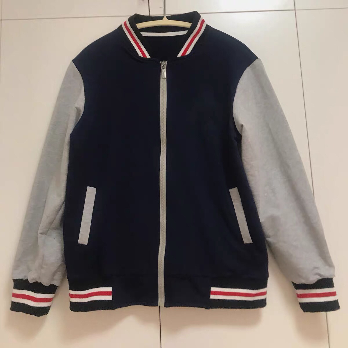 春秋款中小学生男女纯棉校服深蓝色拼浅灰色上衣外套运动班服