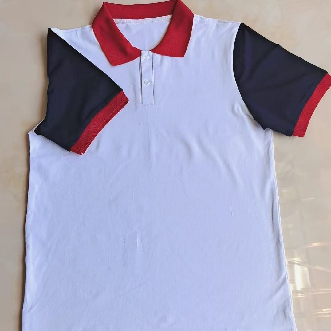 专业定制白色夏季纯棉T恤学生校服短袖撞色拼藏蓝袖红领袖口上衣
