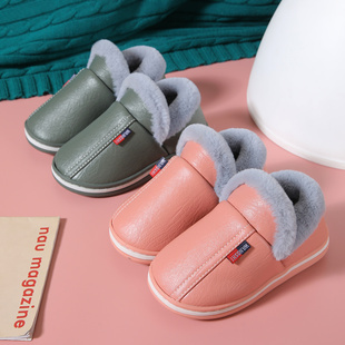 清仓儿童棉拖鞋冬季皮面防水防滑男女童亲子室内休闲保暖包跟棉鞋
