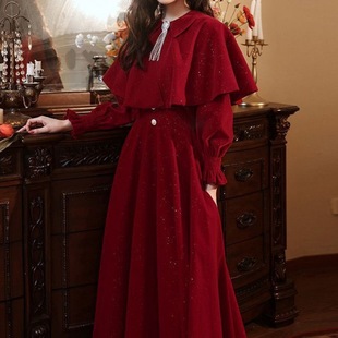 敬酒服新娘长袖冬天回门便装衣服结婚当天孕妇酒红色订婚晚礼服女