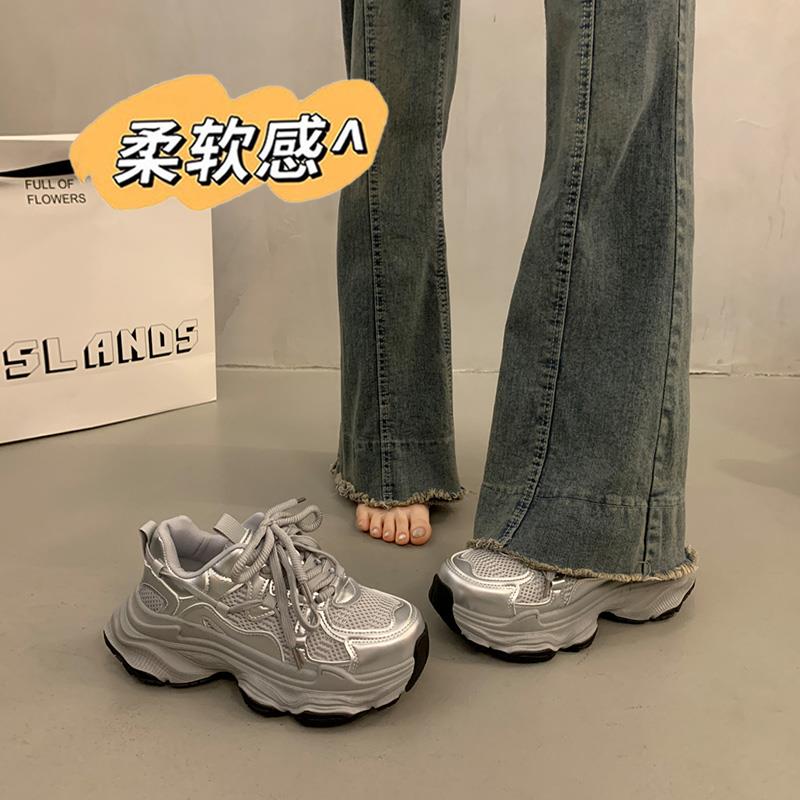 白鹿同款厚底老爹鞋女2025秋冬爆款银色百搭小个子增高休闲运动鞋