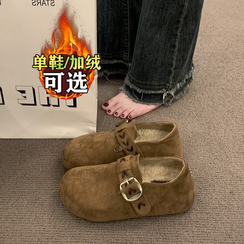 复古加绒勃肯鞋女2025秋冬新款一脚蹬厚底内增高豆豆鞋乐福棉鞋34