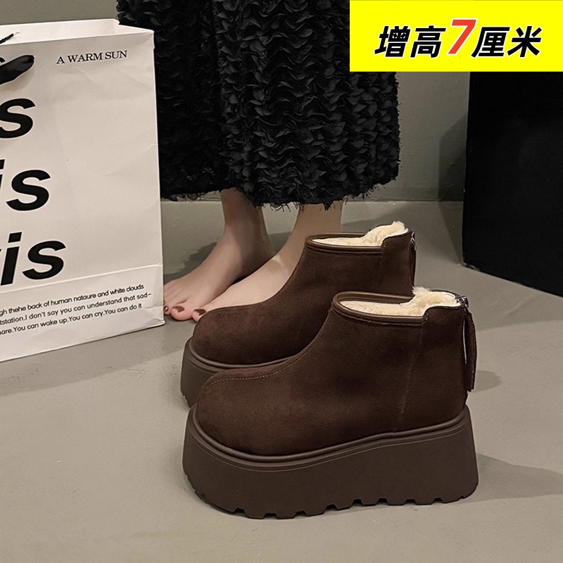 3334码小个子厚底勃肯鞋女增高7cm松糕底加绒保暖雪地靴冬季棉鞋