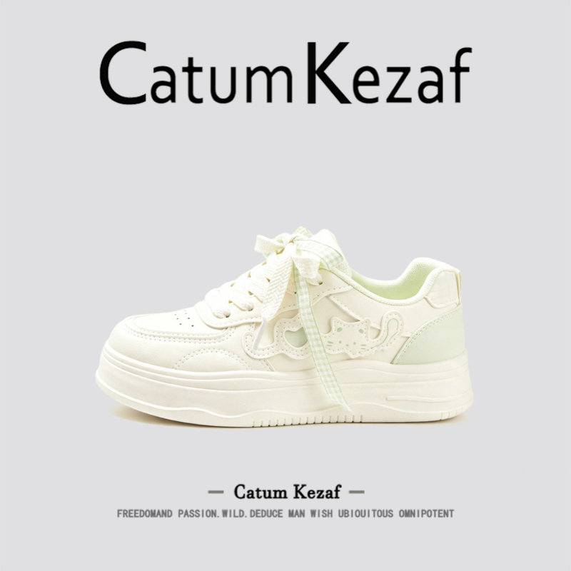 [萌趣猫咪]美国CatumKezaf厚底板鞋女秋季休闲小白鞋高颜值面包鞋