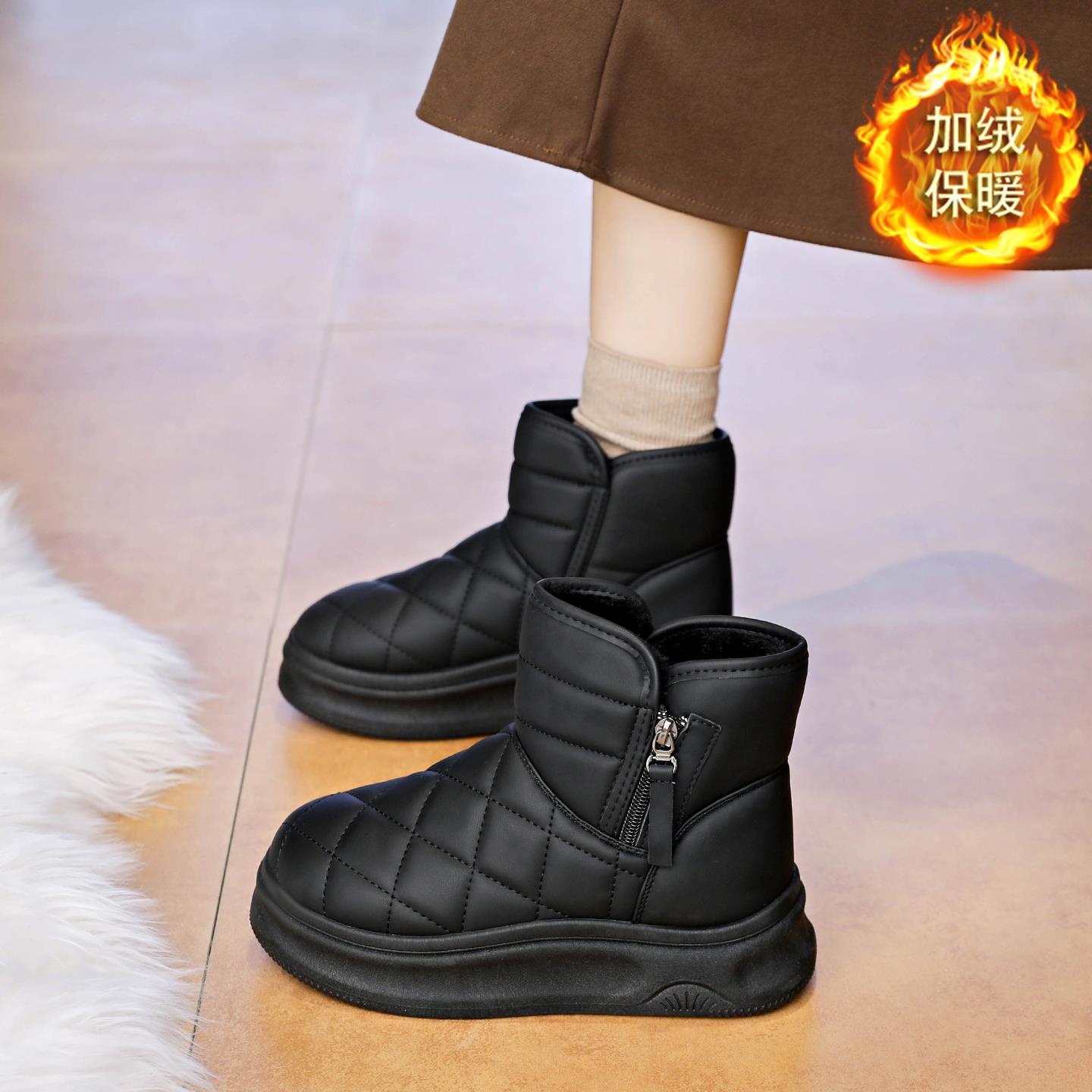 34码真皮雪地靴女2025冬季加绒保暖加厚厚底防滑防水短靴东北棉鞋