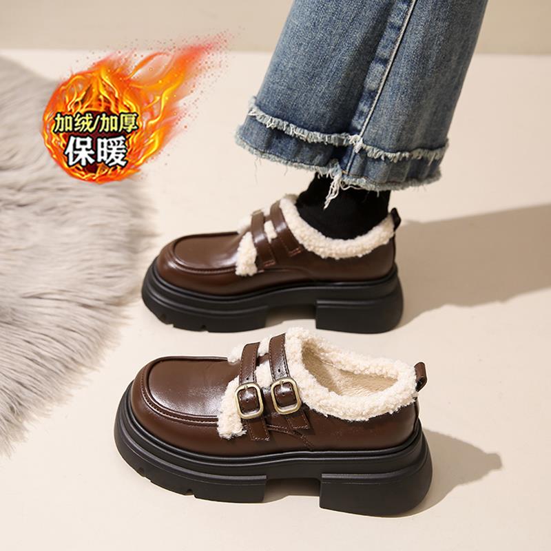 高级毛毛玛丽珍加绒乐福鞋女冬季厚底增高棕色英伦风JK小皮鞋34码