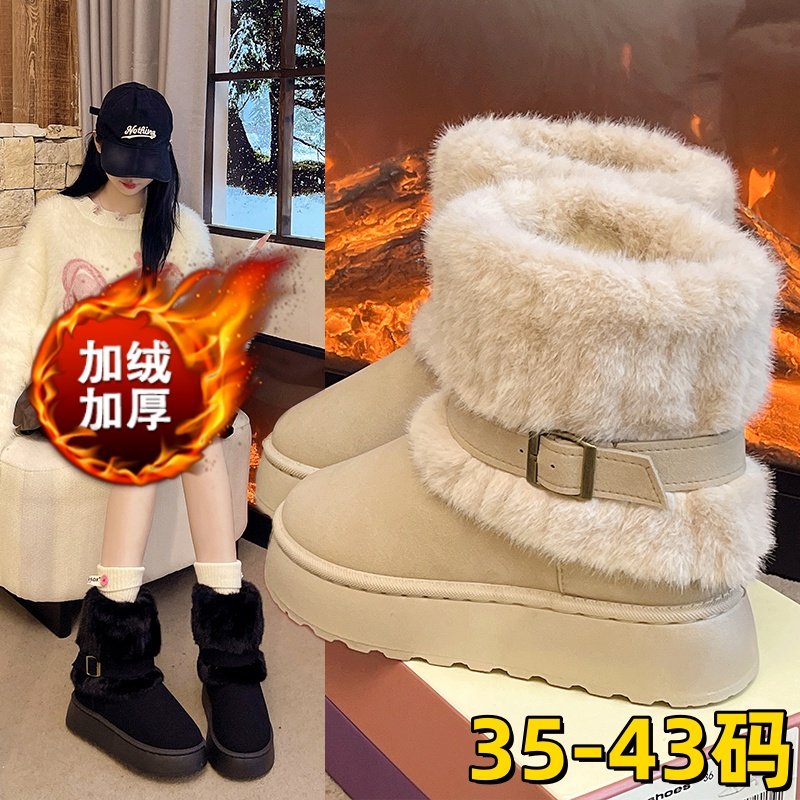 大码女鞋41到43厚底雪地靴女2025新款冬季加绒勃肯短靴毛毛棉鞋42