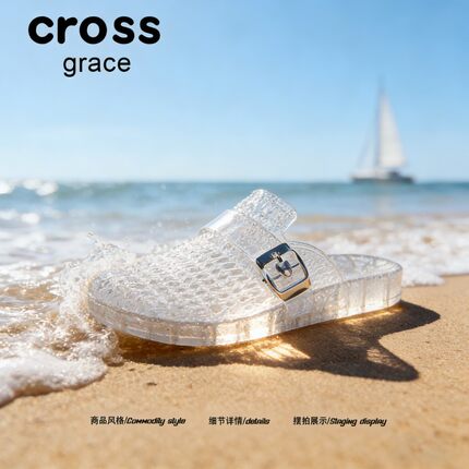 【轻奢精致风】crossgrace夏季透明水晶穆勒鞋ins风外穿包头凉拖