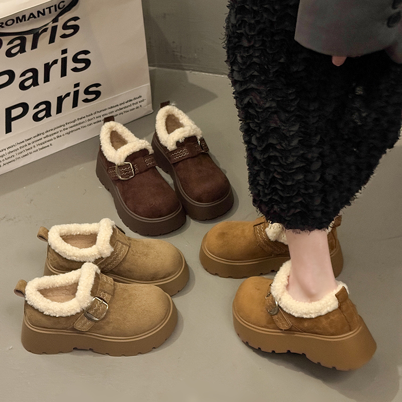 小个子真皮厚底毛绒勃肯鞋女2025新款冬季全包一脚蹬保暖棉鞋34码