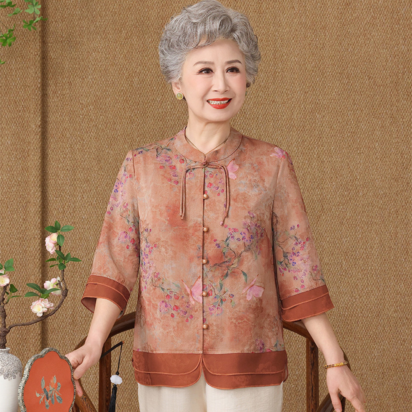 【100%桑蚕丝】妈妈真丝上衣裤子中老年人奶奶夏装衬衫女套装开衫