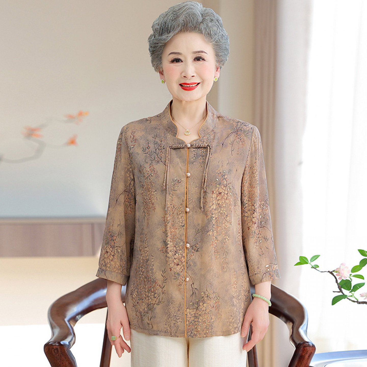 【100%凉感桑蚕丝】开衫套装奶奶夏装衬衫女中老年人妈妈真丝上衣