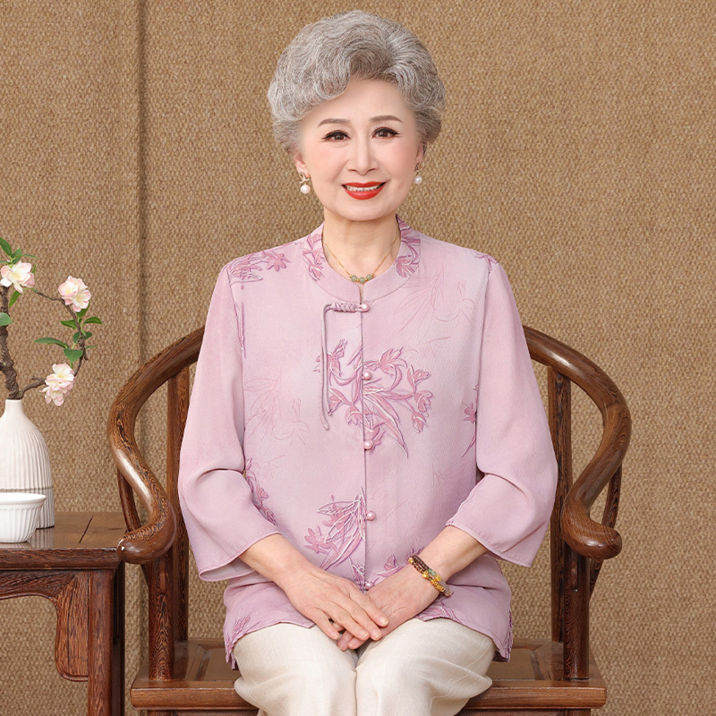 【100%桑蚕丝】中老年人妈妈上衣裤子奶奶夏装衬衫女两件套装真丝