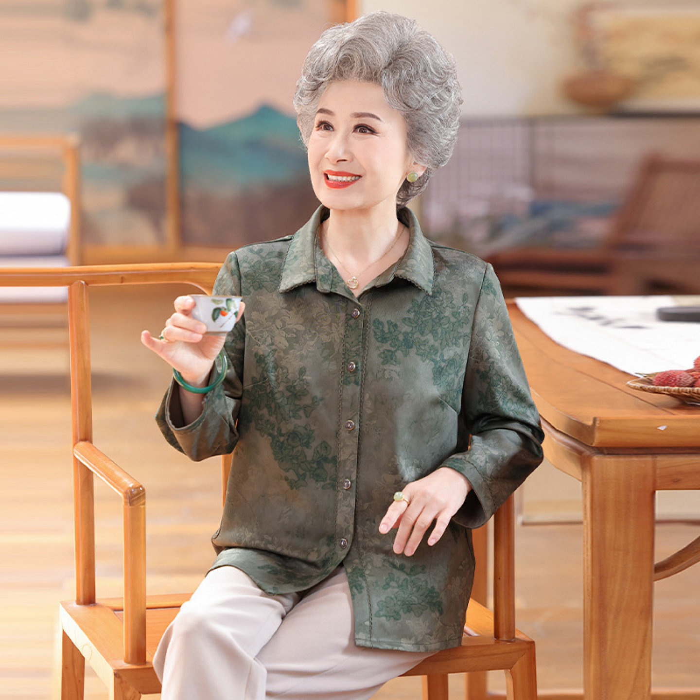 【桑蚕丝100%】妈妈中老年人上衣真丝两件套装奶奶夏装衬衫女开衫