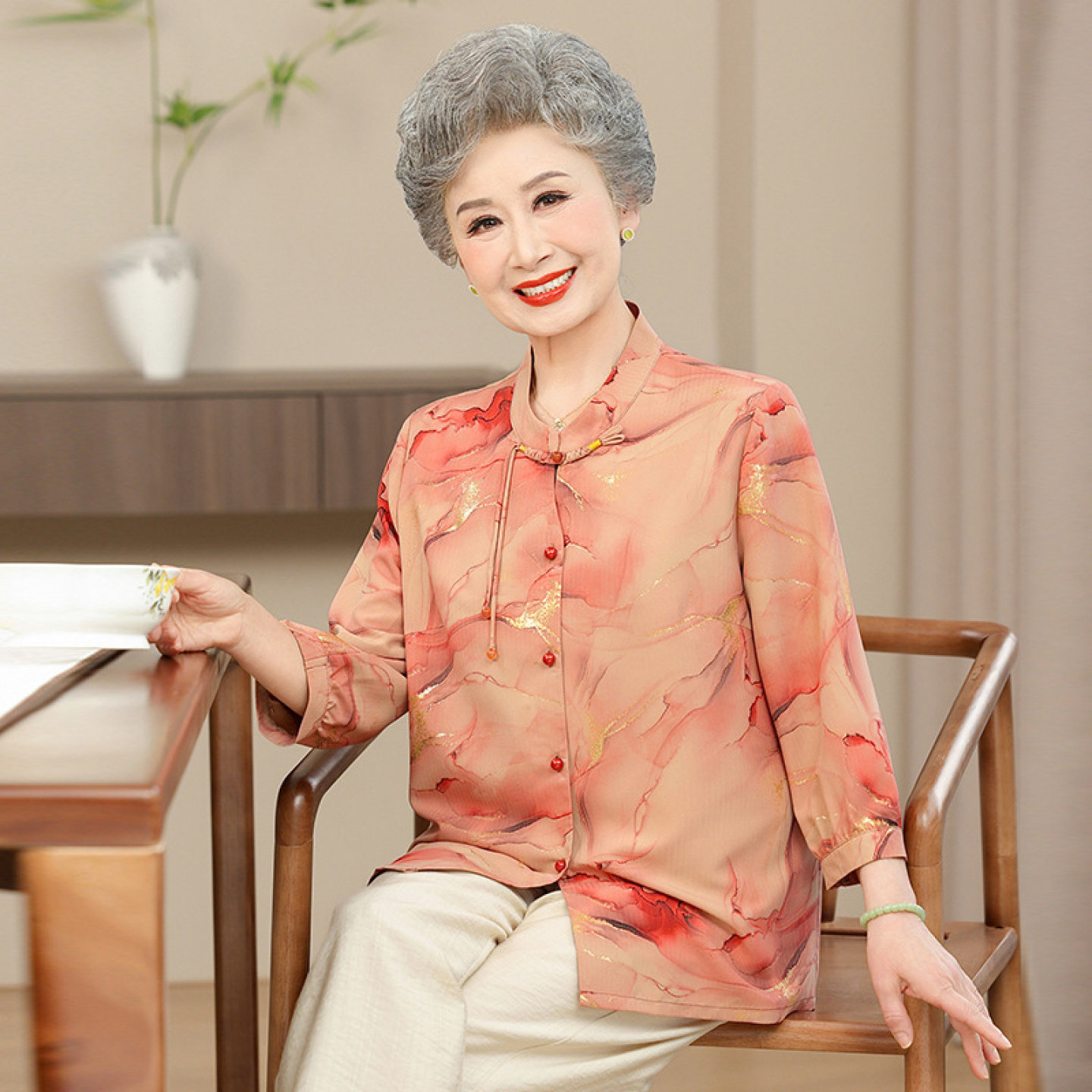 【100%桑蚕丝】上衣裤子套装妈妈真丝奶奶夏装衬衫女中老年人开衫