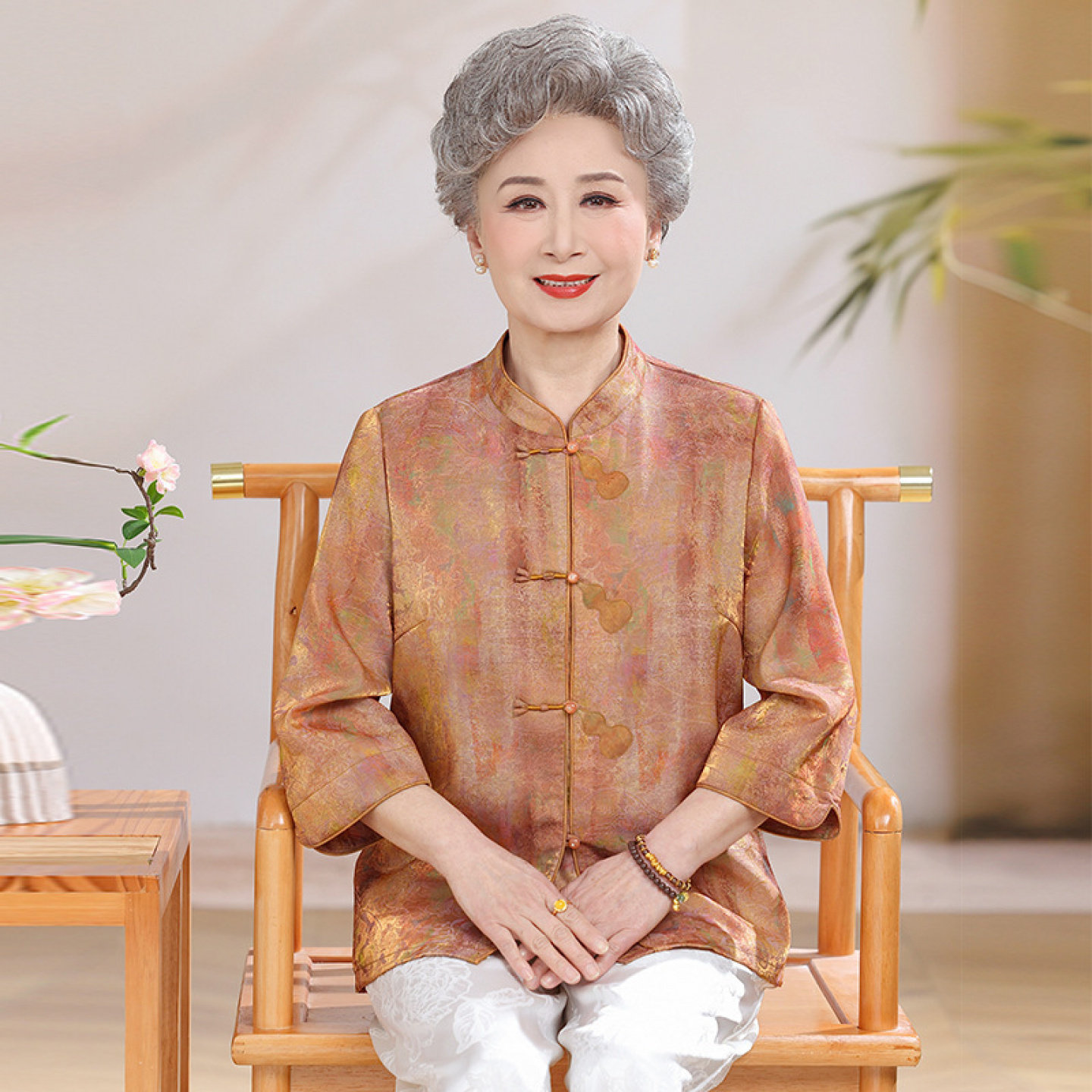【桑蚕丝100%】中老年人奶奶夏装衬衫女上衣裤子真丝两件套装妈妈